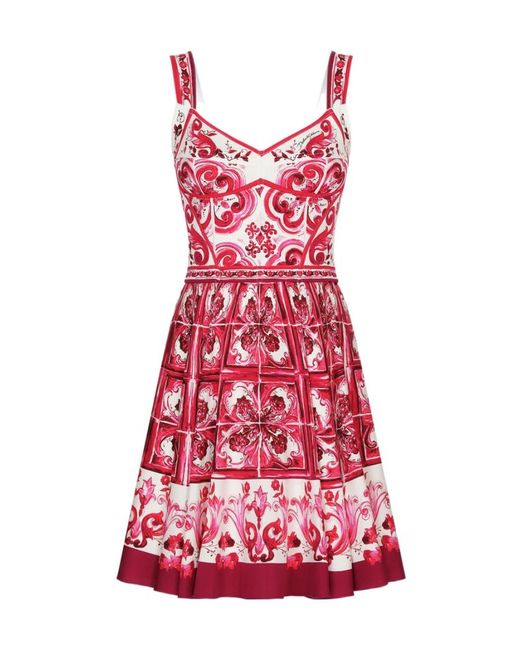 Dolce & Gabbana Red Short Majolica-Printed Charmeuse Bustier Dress