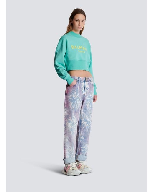 Balmain Blue Logo Printed Crewneck Cropped Sweatshirt