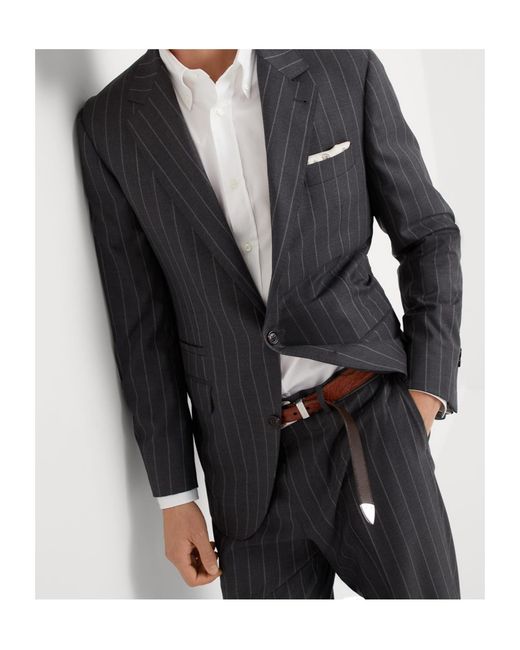 Brunello Cucinelli Blue Single-Breasted Pinstriped Tailored Blazer for men