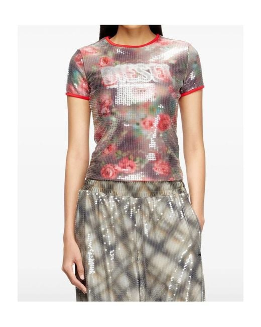 DIESEL Pink T-Unkyel Sequinned Skinny Floral Print Jersey Top
