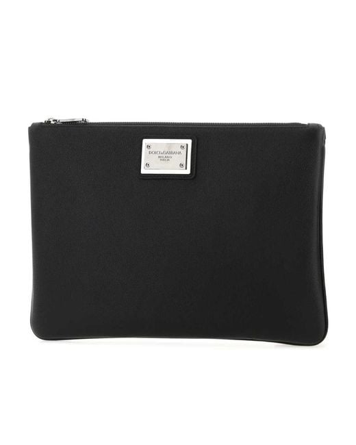 Dolce & Gabbana Black Logo Plaque Zip-Up Clutch Bag for men