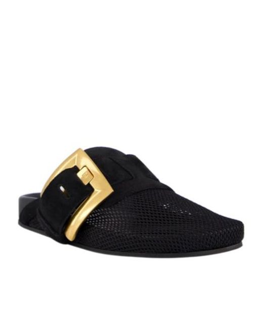Balmain Black Anthem Square-Buckle Flat Mules