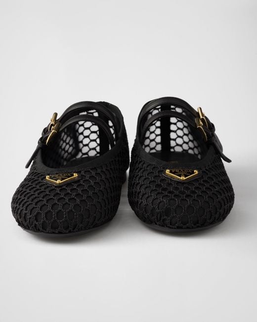 Prada Black Triangle-Logo Mesh Ballet Flats