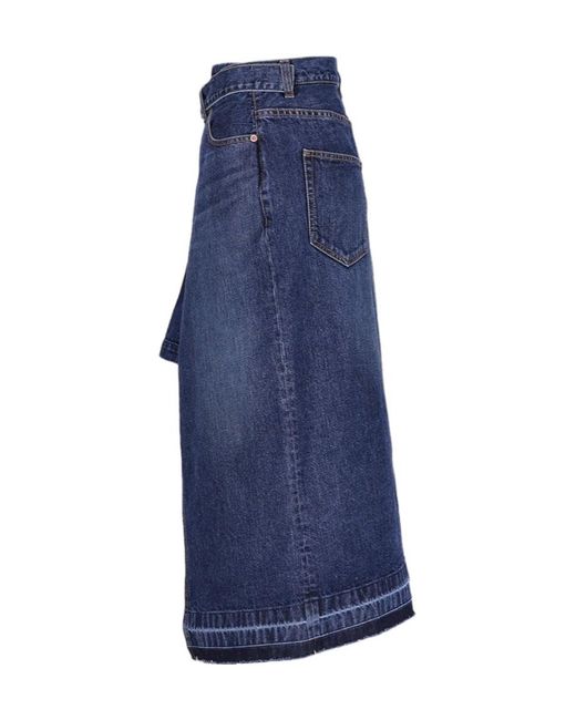 Sacai Blue Overlapping Raw-Cut Hem Denim Midi Skirt