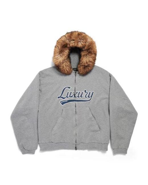 Balenciaga Gray Luxury Script Oversized Zip-Up Hoodie for men