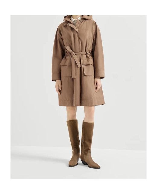 Brunello Cucinelli Brown Techno-Cotton Taffeta Coat With Detachable Hood And Shiny Zipper Pull