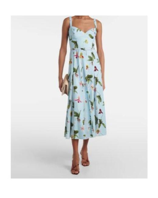 Oscar de la Renta Blue Floral Belted Cady Midi Dress