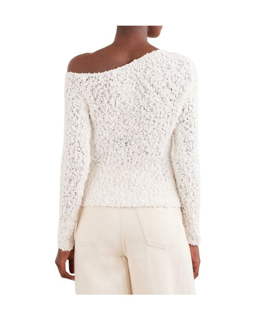 The Elder Statesman White Vine Off-The-Shoulder Cotton-Blend Bouclé Sweater