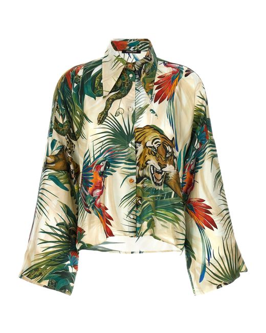 Roberto Cavalli Green Jungle Printed Wide Sleeved Satin Shirt