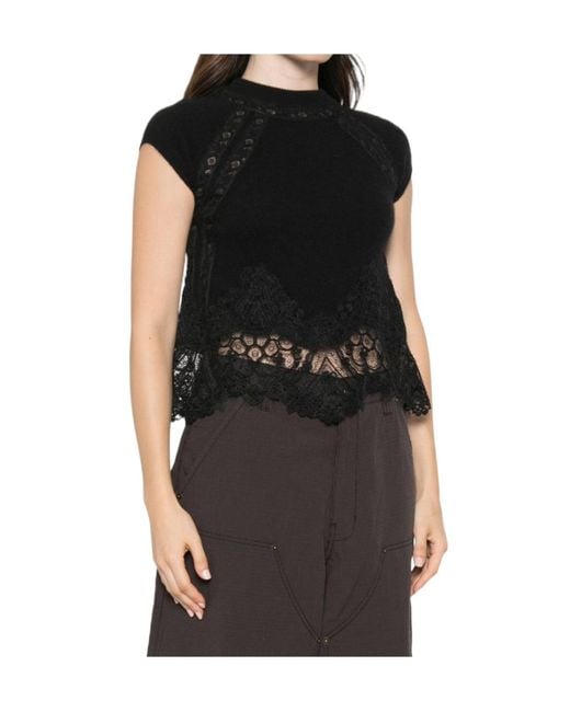 Ermanno Scervino Black Lace-Trim Cap-Sleeve Top