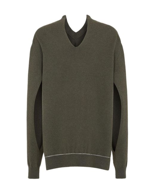 Fendi Green V-Neck Logo Embroidered Sweater