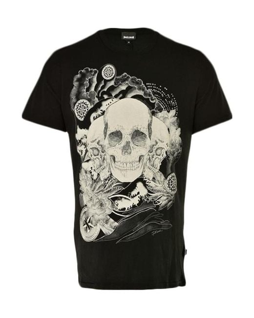 Just Cavalli Black Skull Printed Short-Sleeved T-Shirt for men