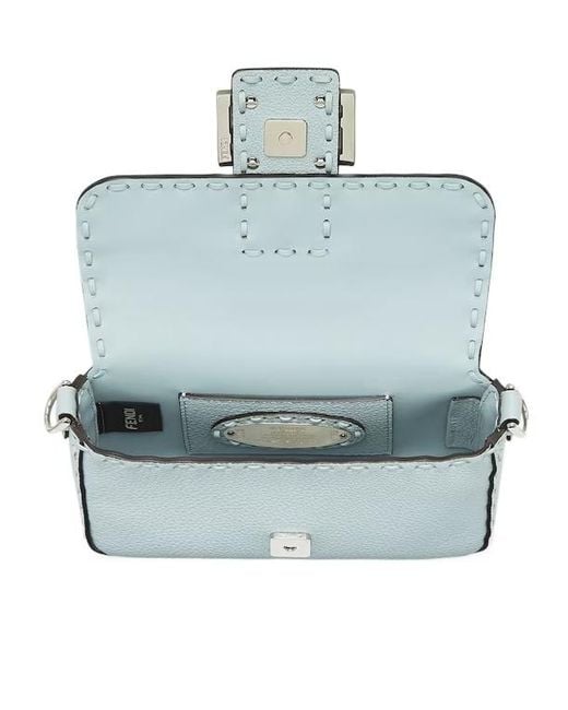 Fendi Blue Baguette Mini Logo Plaque Tote Bag