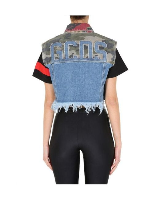 Gcds Blue Patchwork Cropped Denim Vest