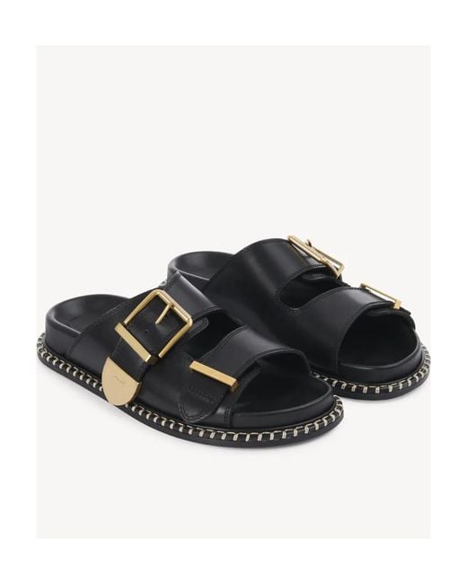 Chloé Black Chloé Logo Engraved Buckled Sandals