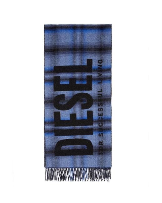 DIESEL Blue S-Check Jacquard Logo-Lettering Scarf for men