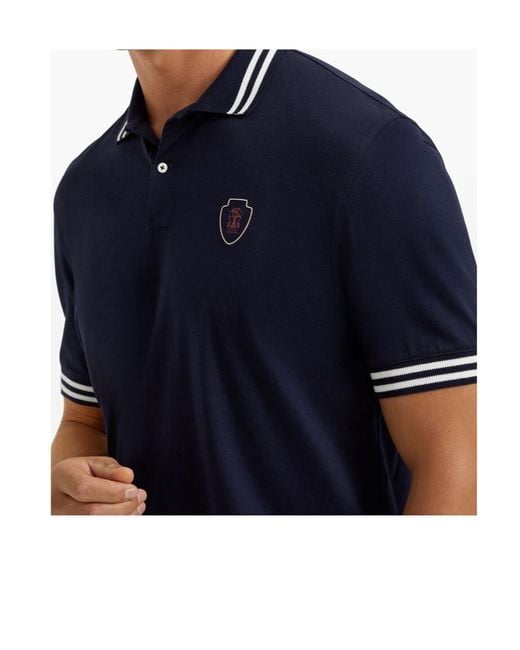 Brunello Cucinelli Blue Logo Embroidered Short-Sleeved Polo Shirt for men