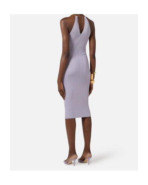 Elisabetta Franchi Purple Openwork Knit Necklace-Detail Dress
