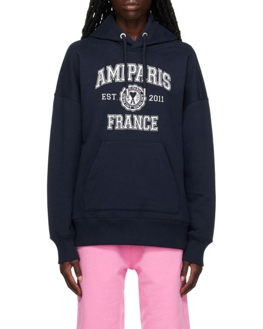 AMI Blue Logo-Printed Long-Sleeved Drawstring Hoodie for men