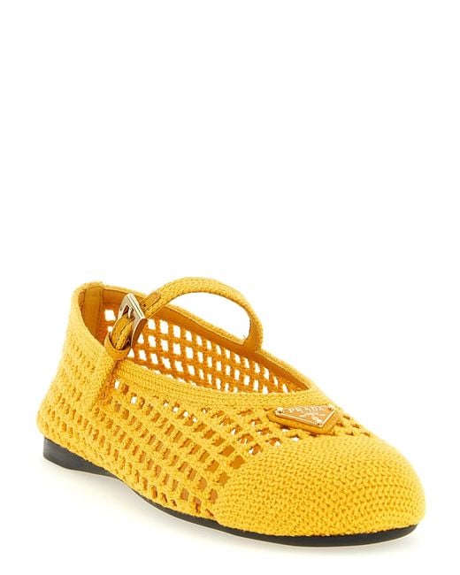 Prada Yellow Triangle-Logo Crochet Ballerinas