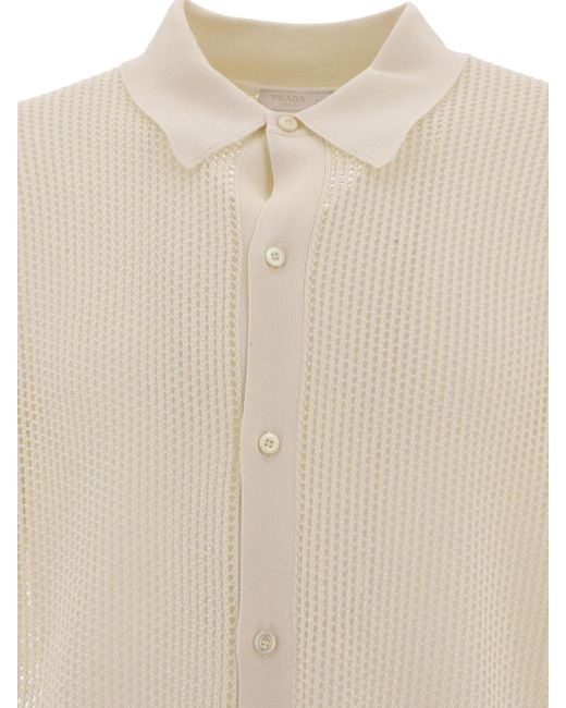 Prada White Logo Embroidered Knitted Polo Shirt for men