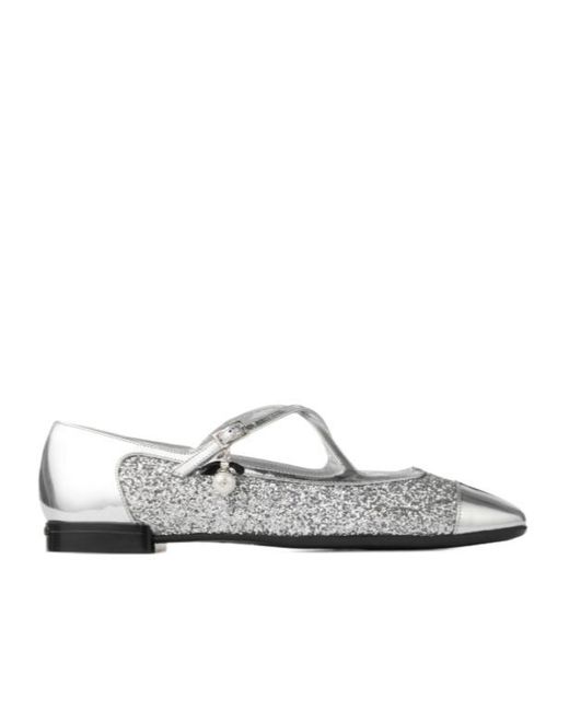 Jimmy Choo White Eleri Glitter Leather Ballet Flats