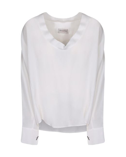 ERMANNO FIRENZE White Pearl-Embellished V-Neck Blouse