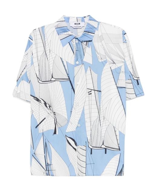 MSGM Blue Graphic Printed Short Sleeved Shirt for men