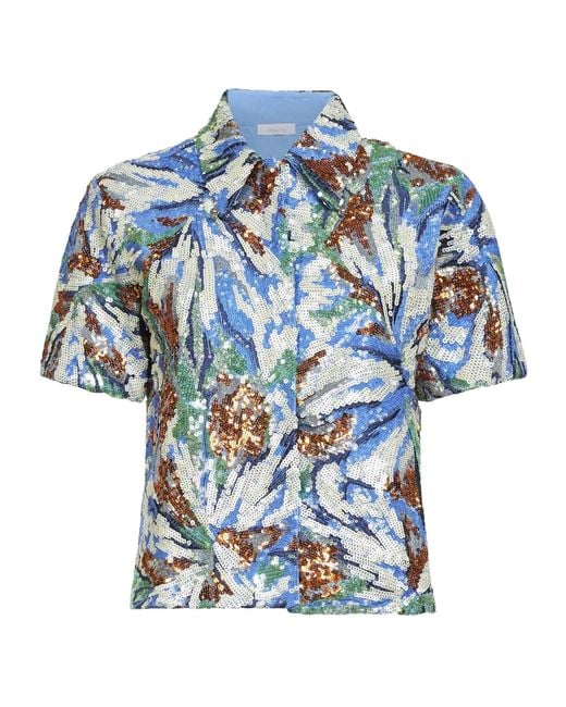 Rabanne Blue Rabanne Sequinned Floral Short-Sleeved Top