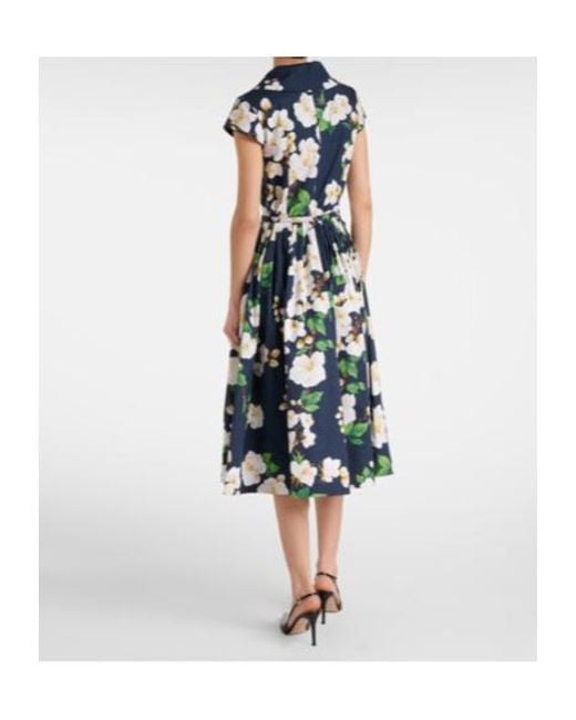 Oscar de la Renta Blue Floral Pleated Cotton-Blend Midi Dress