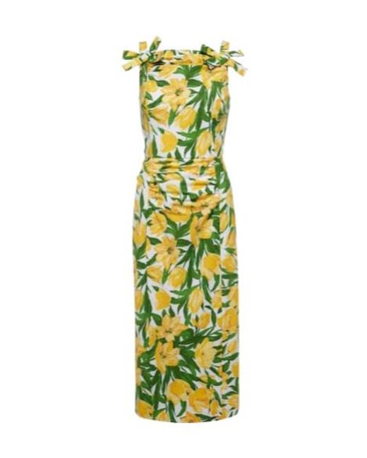 Carolina Herrera Green Floral Ruched Poplin Midi Dress