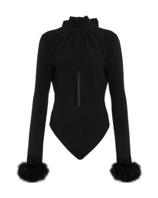 Magda Butrym Black Feather-Trimmed Cutout Bodysuit
