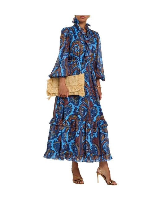 Etro Blue Print Ruffled Chiffon Maxi Dress