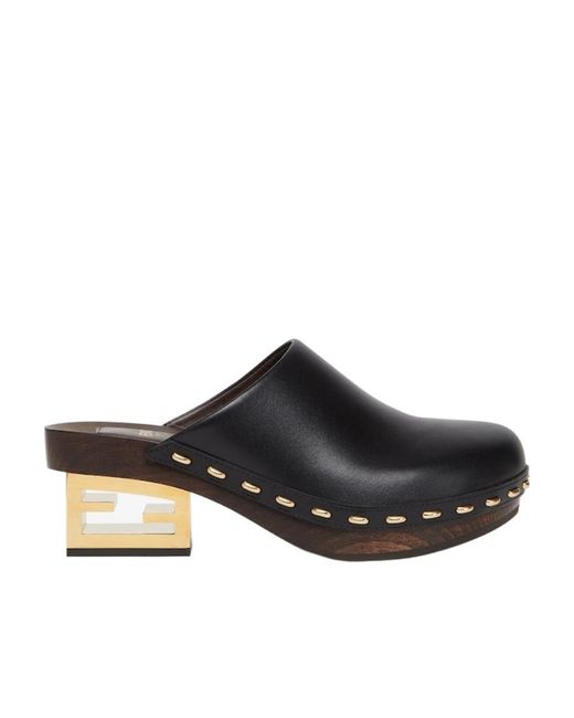Fendi Black Leather Medium-Heel Clogs