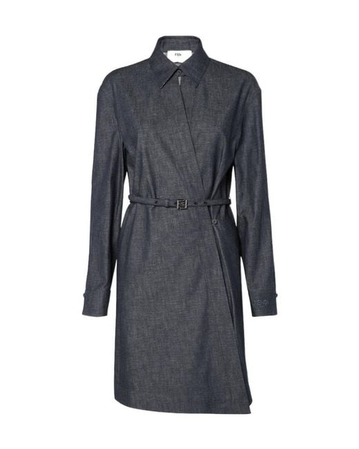 Fendi Blue Asymmetrical Cross-Over Fasten Belted Shirt Dress