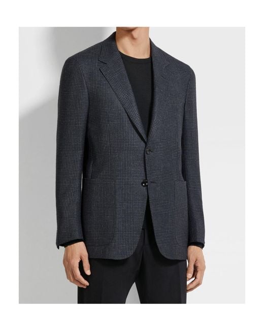Zegna Blue And Silk Cashmere And Linen Jacket for men