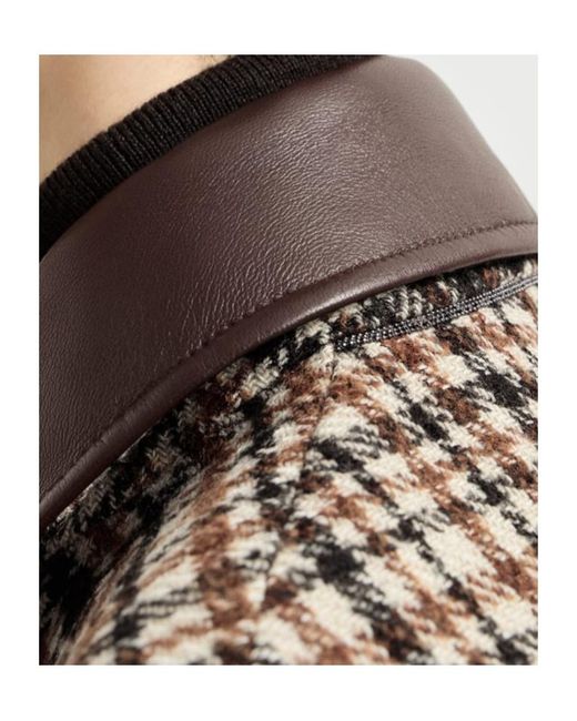 Brunello Cucinelli Brown Comfort Checked Wool And Alpaca Outerwear Jacket With Leather-Collar And Monili