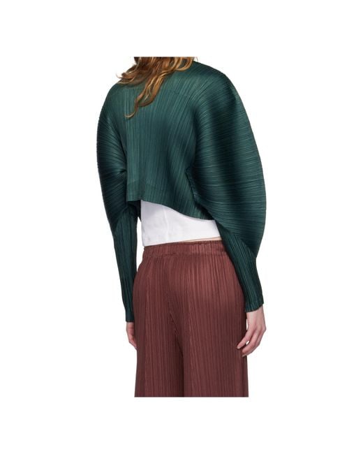 Pleats Please Issey Miyake Green Pleated V-Neck Top
