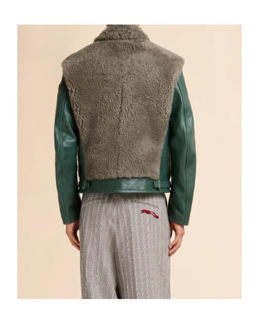 Marni Green Leather Jacket With Shearling Panels for men