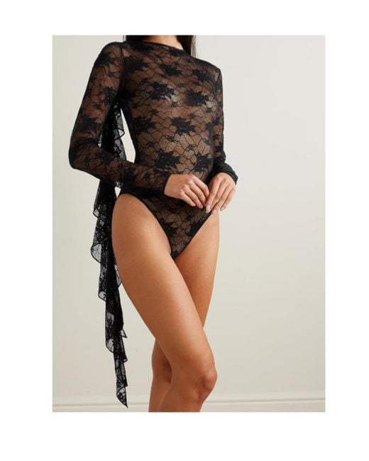 Oseree Black Oséree Attached Scarf Floral Lace Volant Bodysuit