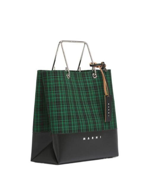 Marni Green Checked Twill Shopper Bag for men