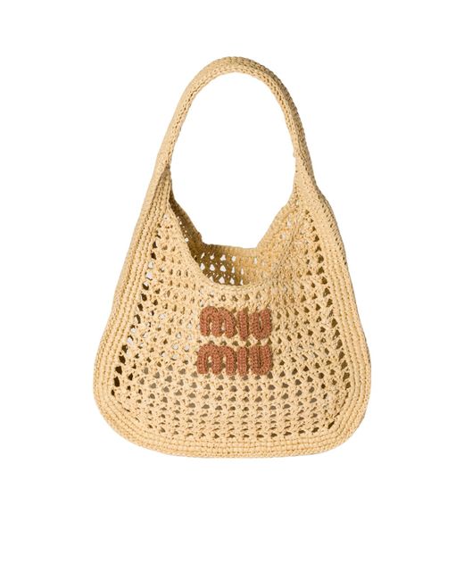 Miu Miu Natural Raffia-Effect Woven Hobo Bag