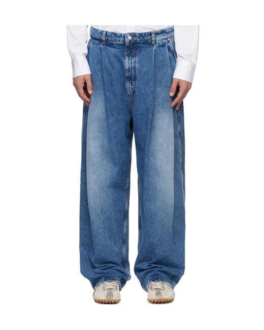 Hed Mayner Blue Pleated Wide-Leg Jeans for men