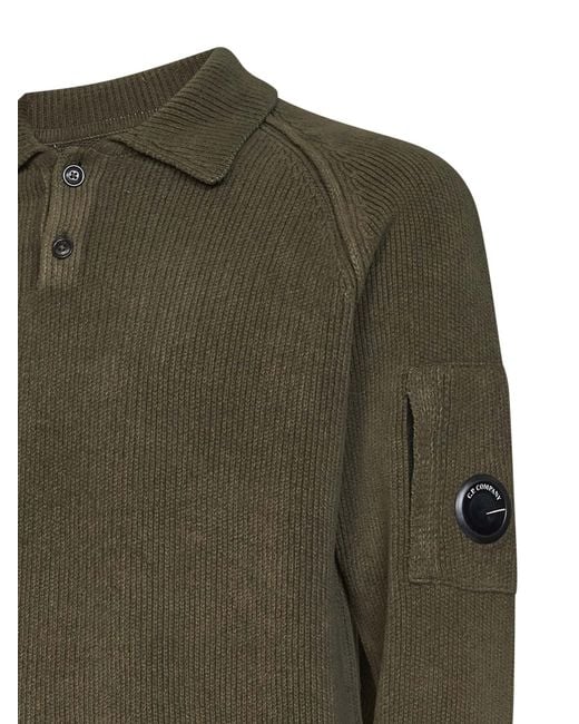 C P Company Green Long-Sleeved Knitted Polo Shirt for men