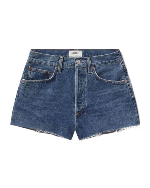 Agolde Blue Frayed Hem Denim Shorts