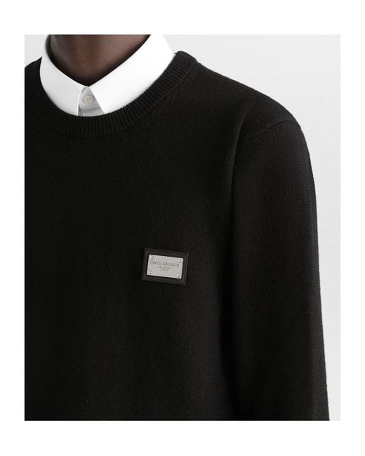 Dolce & Gabbana Black Wool Round-Neck Sweater With Branded Tag for men