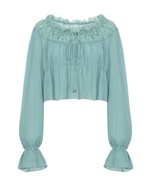 Chloé Blue Scoop-Neck Cropped Silk Blouse