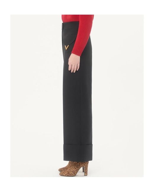 Valentino Black Logo Plaque Wide-Leg Pants