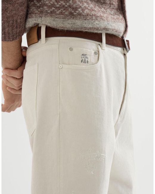 Brunello Cucinelli White Garment-Dyed Denim Iconic Fit Five-Pocket Trousers With Rips for men