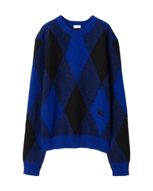 Burberry Blue Logo-Intarsia Argyle Wool Jumper for men